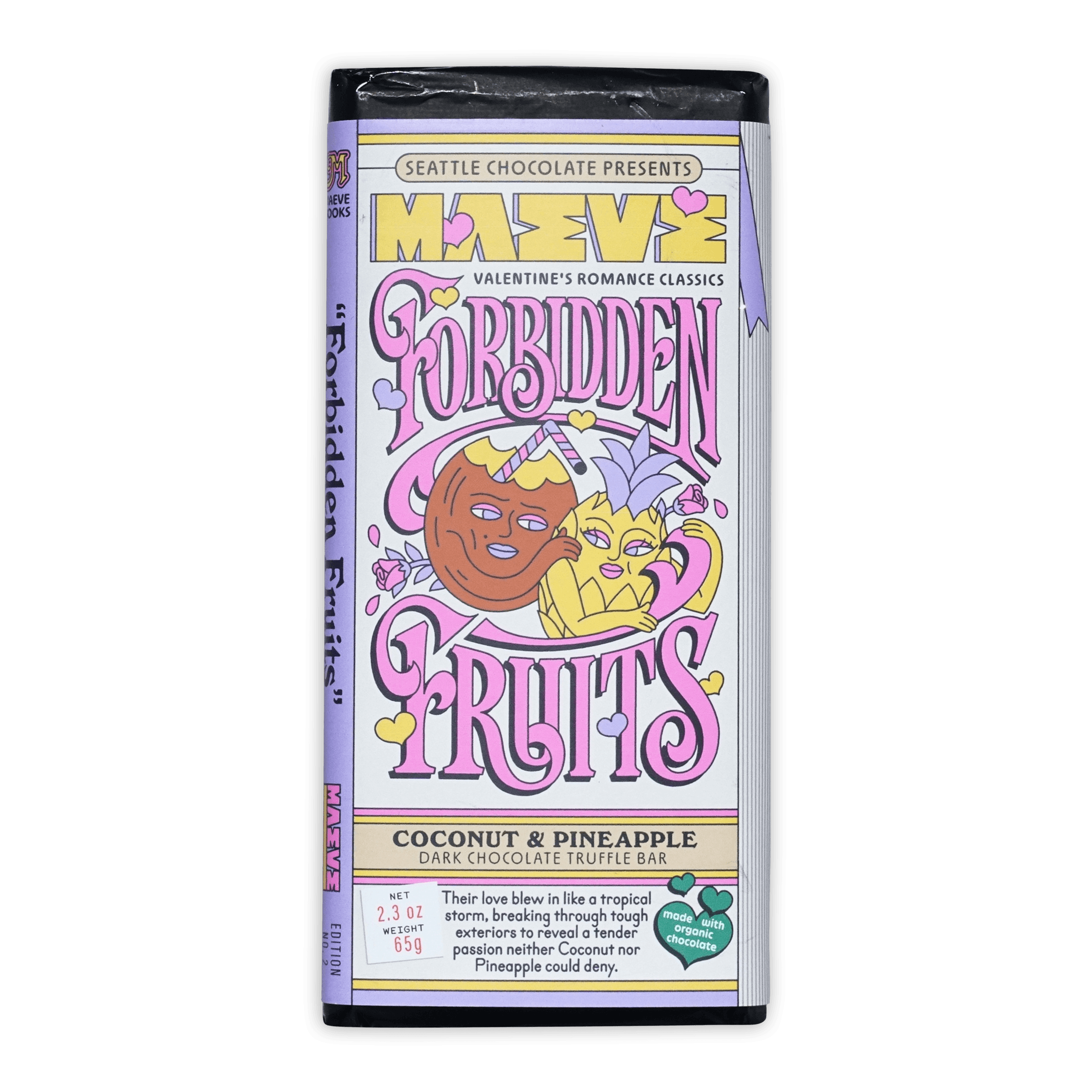 Maeve Forbidden Fruits Truffle Bar wrapper with cartoon fruits