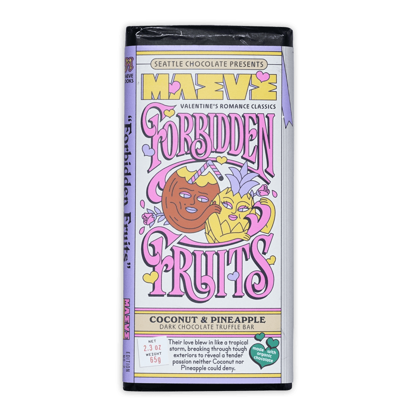 Maeve Forbidden Fruits Truffle Bar wrapper with cartoon fruits