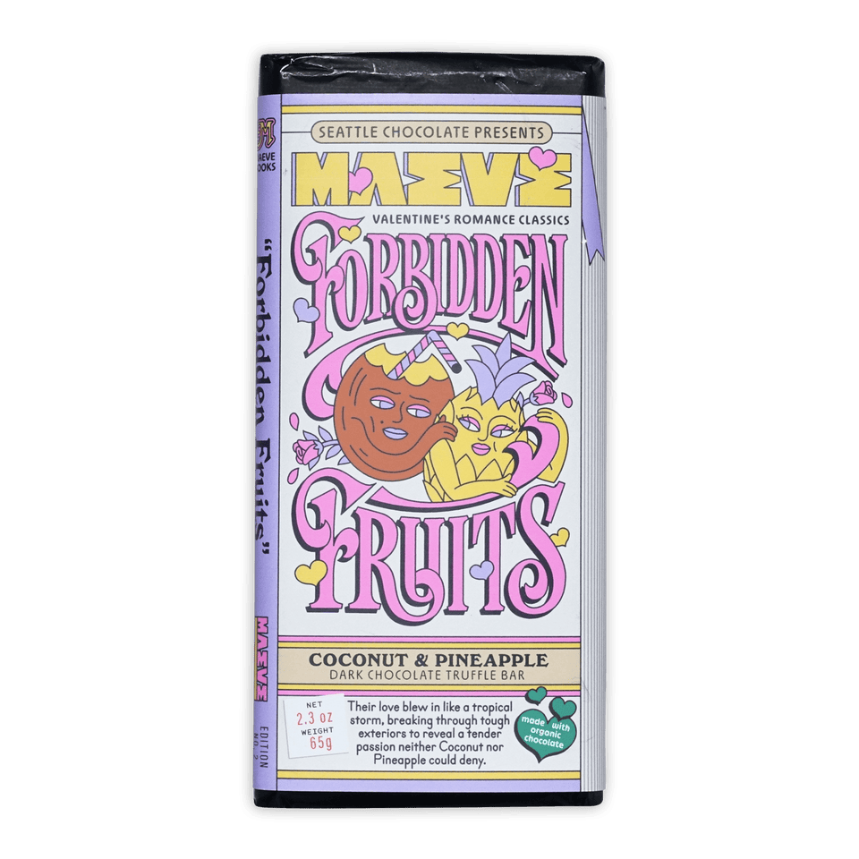 Maeve Forbidden Fruits Truffle Bar wrapper with cartoon fruits