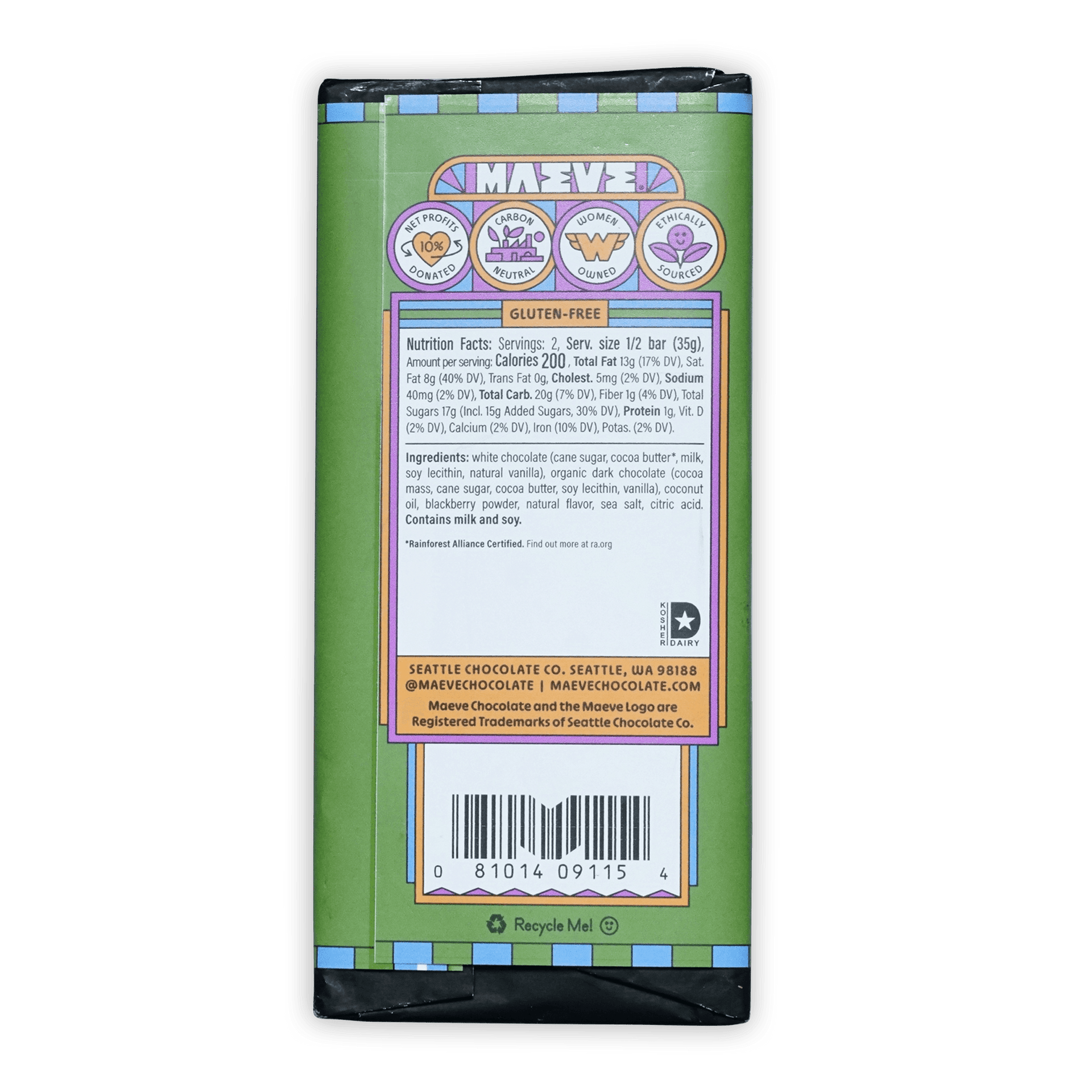Maeve Hungry Blackberry Truffle Bar: green wrapped maeve chocolate with purple white labeling