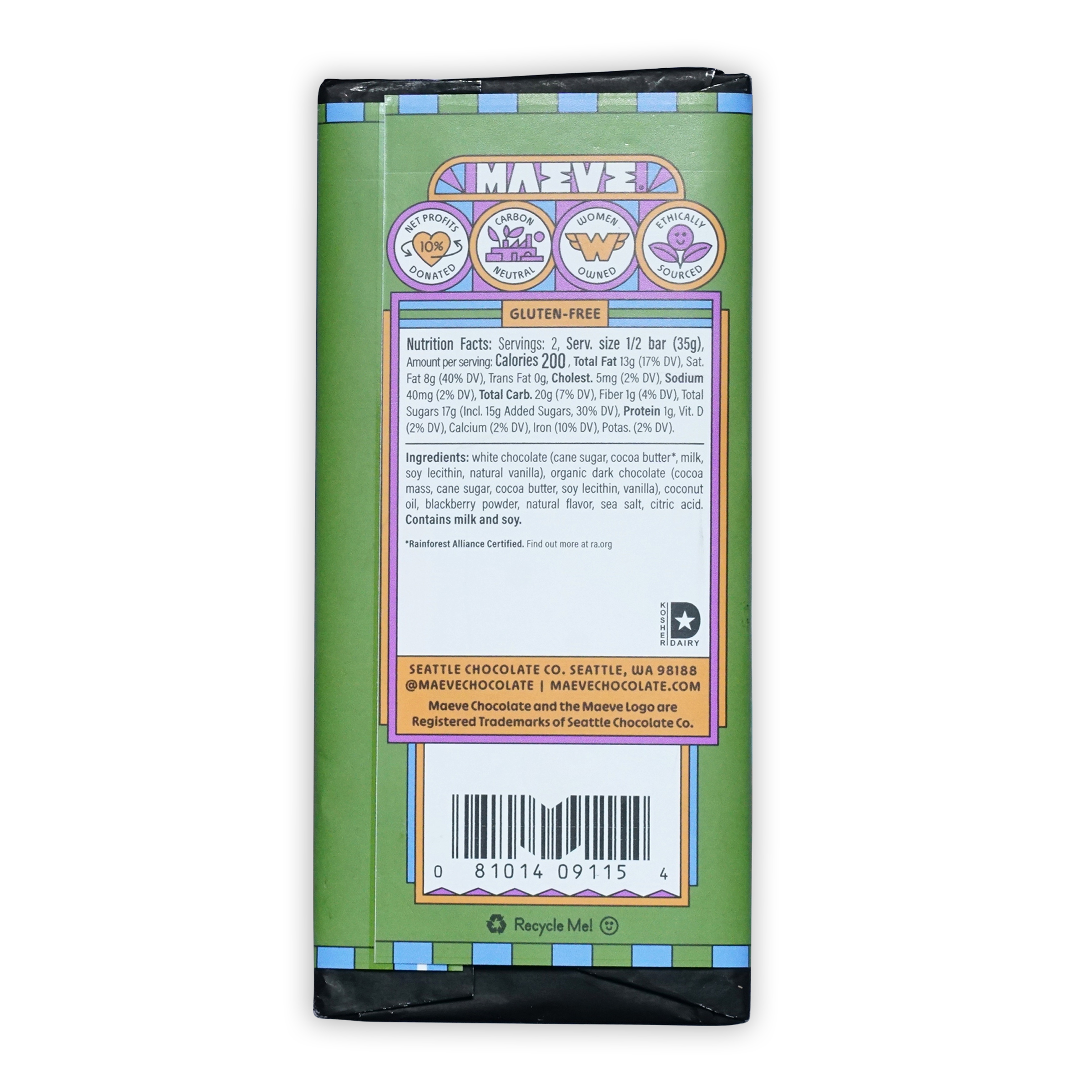Maeve Hungry Blackberry Truffle Bar: green wrapped maeve chocolate with purple white labeling