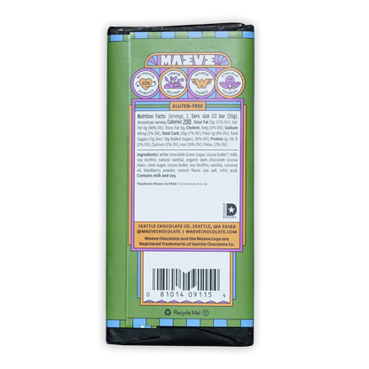 Maeve Hungry Blackberry Truffle Bar: green wrapped maeve chocolate with purple white labeling