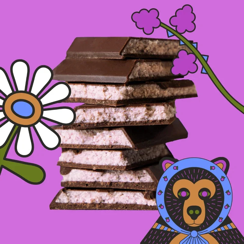 Stack of Maeve Hungry Blackberry Truffle Bars with creamy filling
