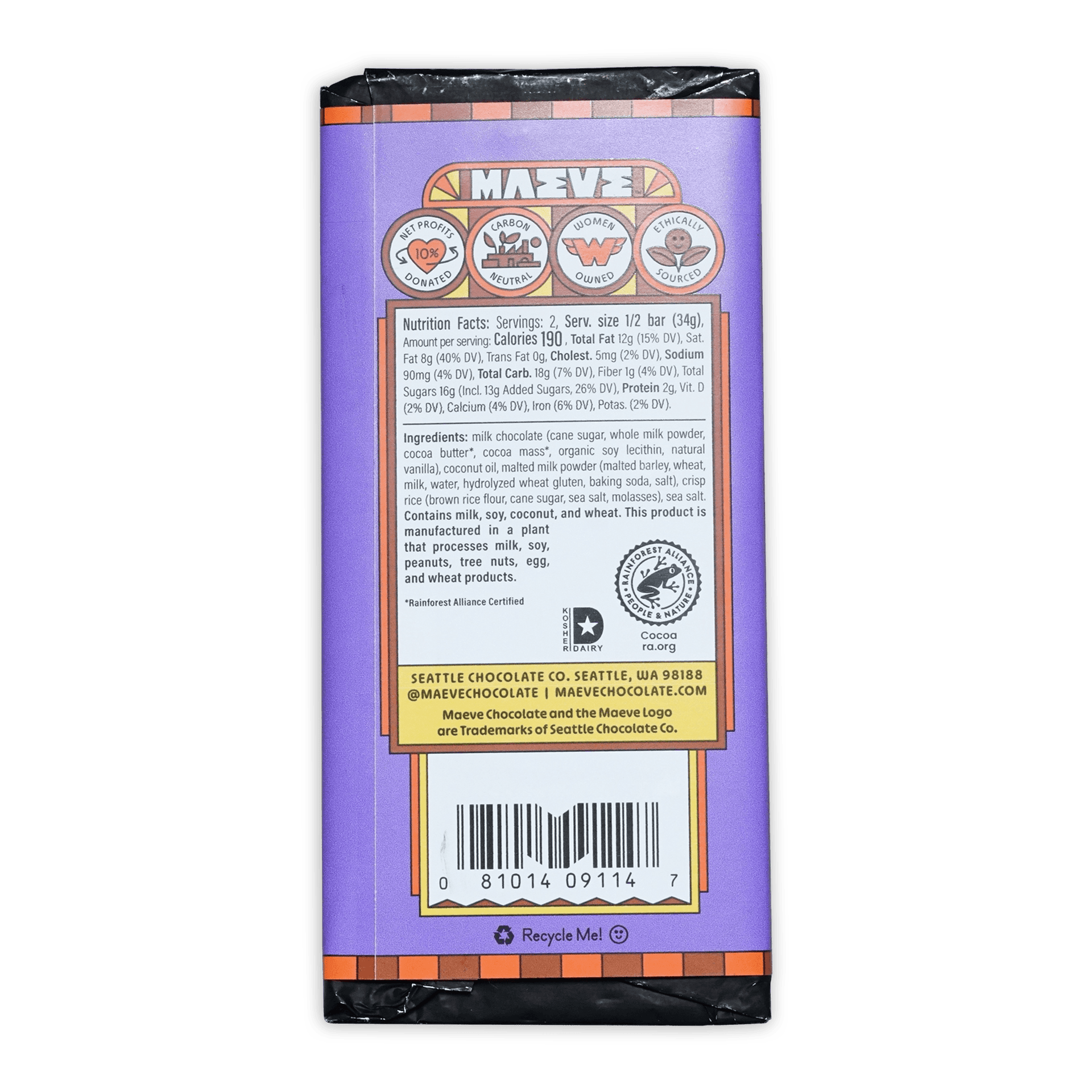 Maeve Matinee Malt Balls Truffle Bar with purple wrapper and orange brown accents