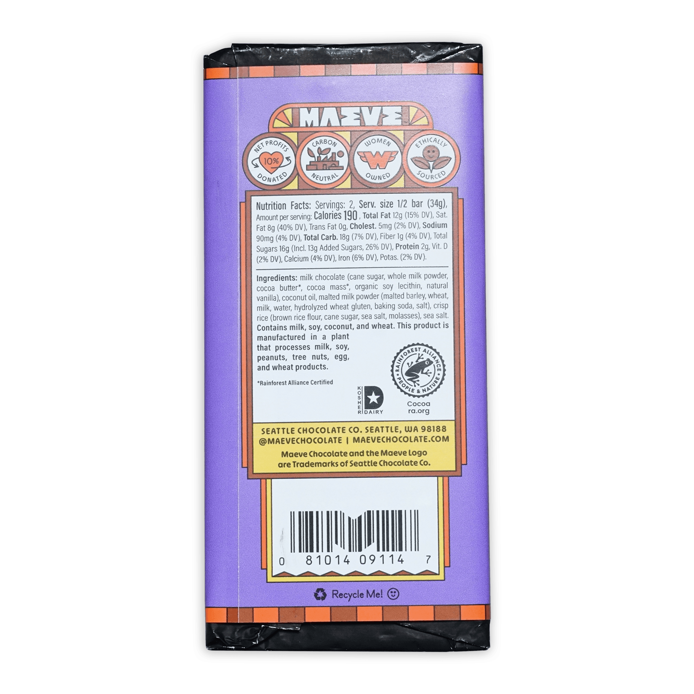 Maeve Matinee Malt Balls Truffle Bar with purple wrapper and orange brown accents