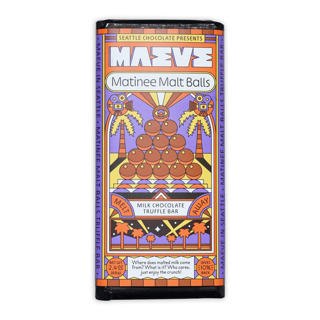 Maeve Matinee Malt Balls Truffle Bar with malt pyramid and palms