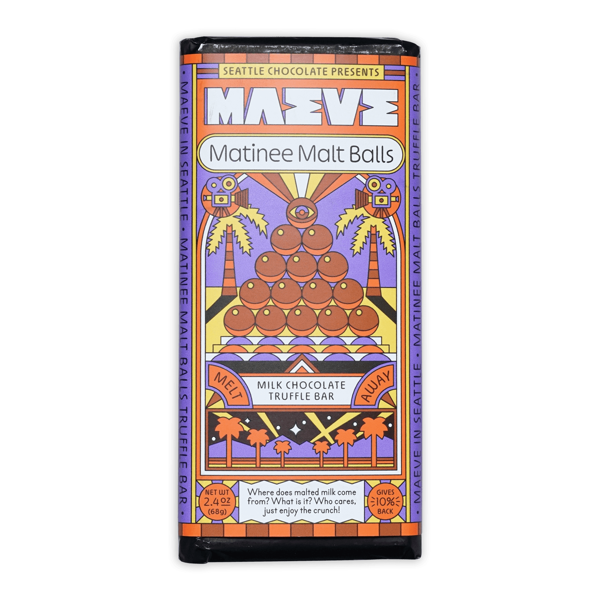 Maeve Matinee Malt Balls Truffle Bar with malt pyramid and palms