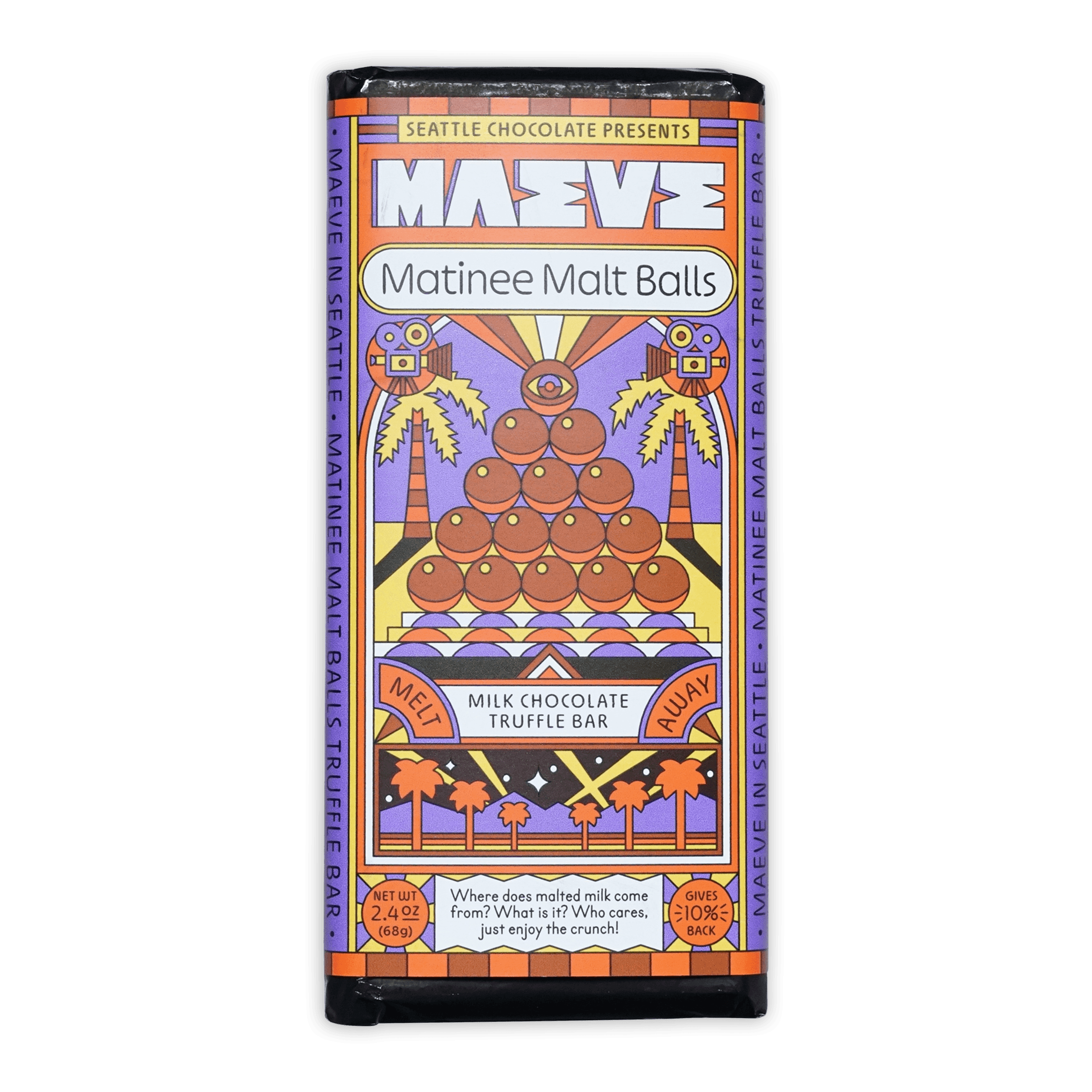 Maeve Matinee Malt Balls Truffle Bar with malt pyramid and palms