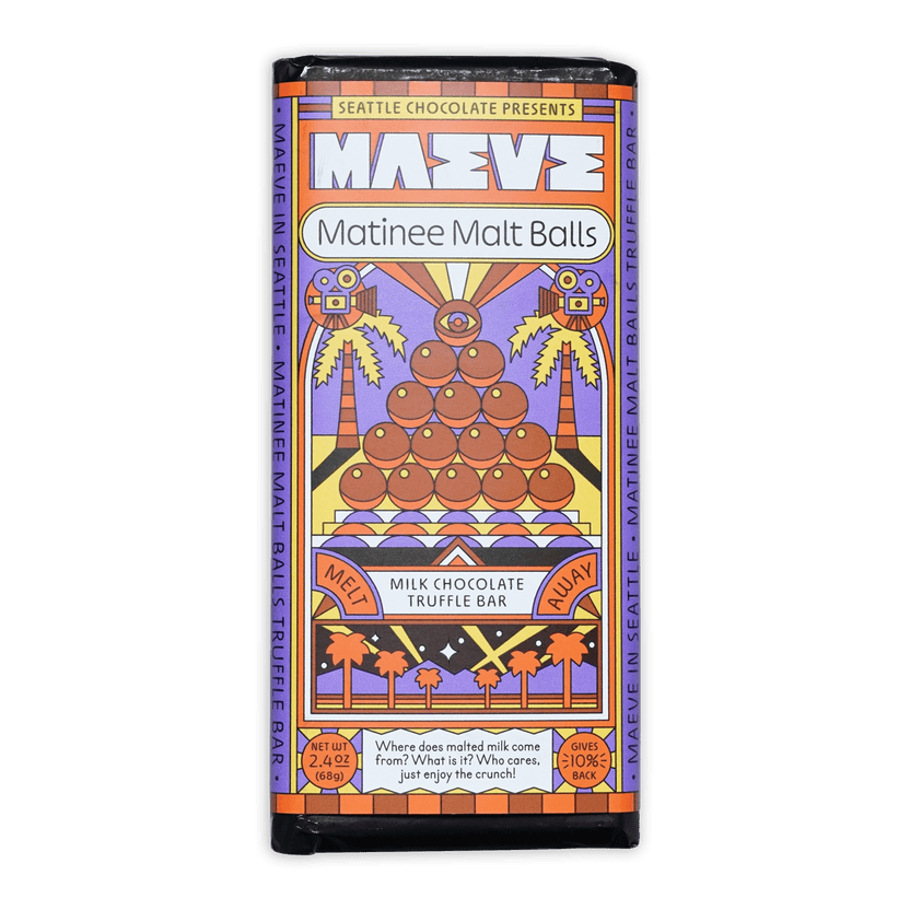 Maeve Matinee Malt Balls Truffle Bar with malt pyramid and palms