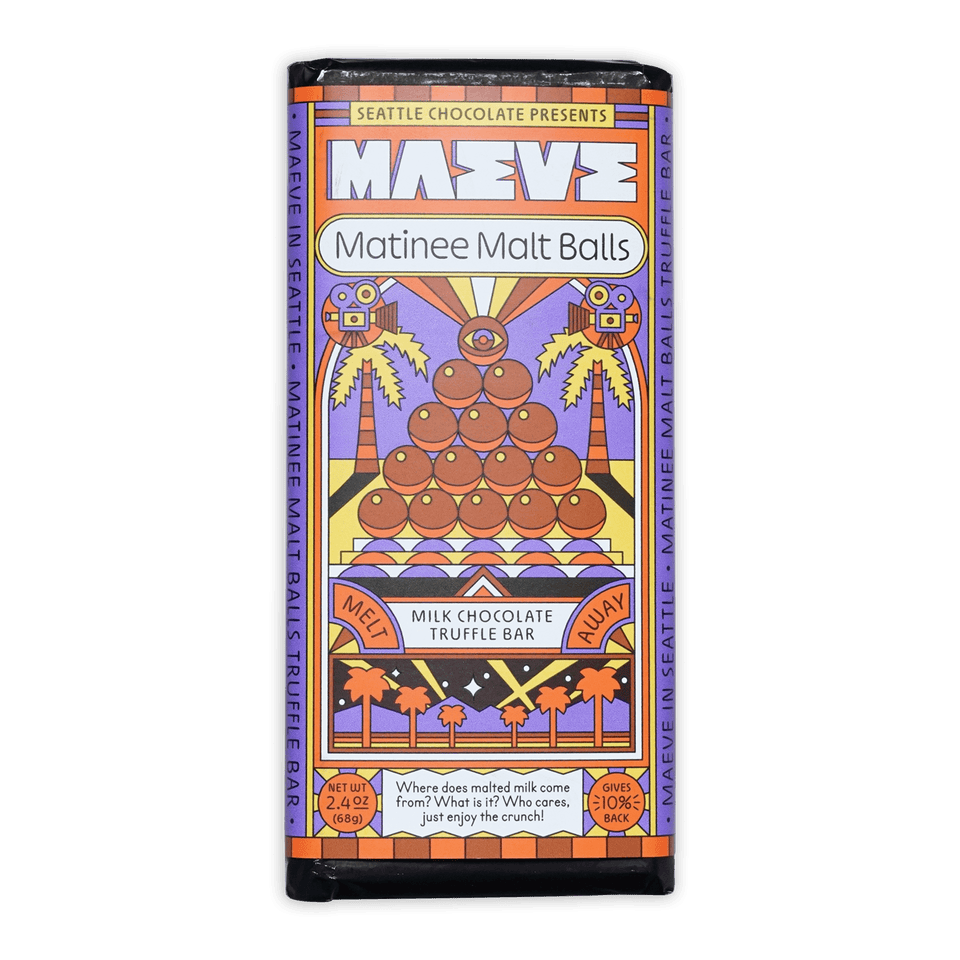 Maeve Matinee Malt Balls Truffle Bar with malt pyramid and palms