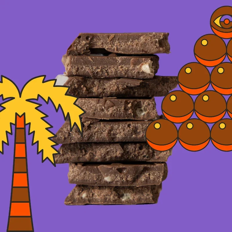 Stack of Maeve Matinee Malt Balls Truffle Bar with white and brown chunks