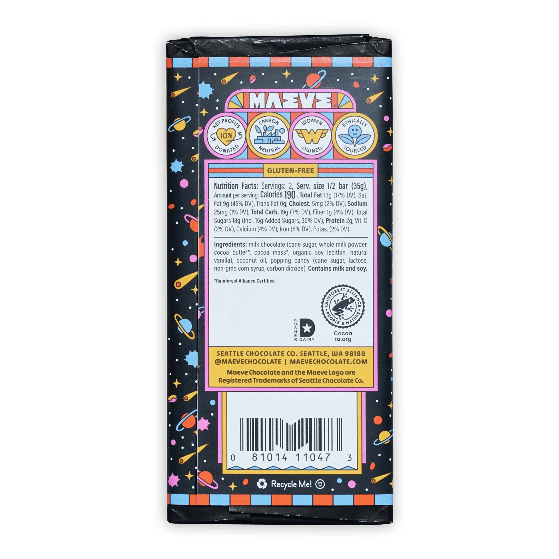 Maeve Moon Rocks Truffle Bar in space-themed wrapper with planets and stars
