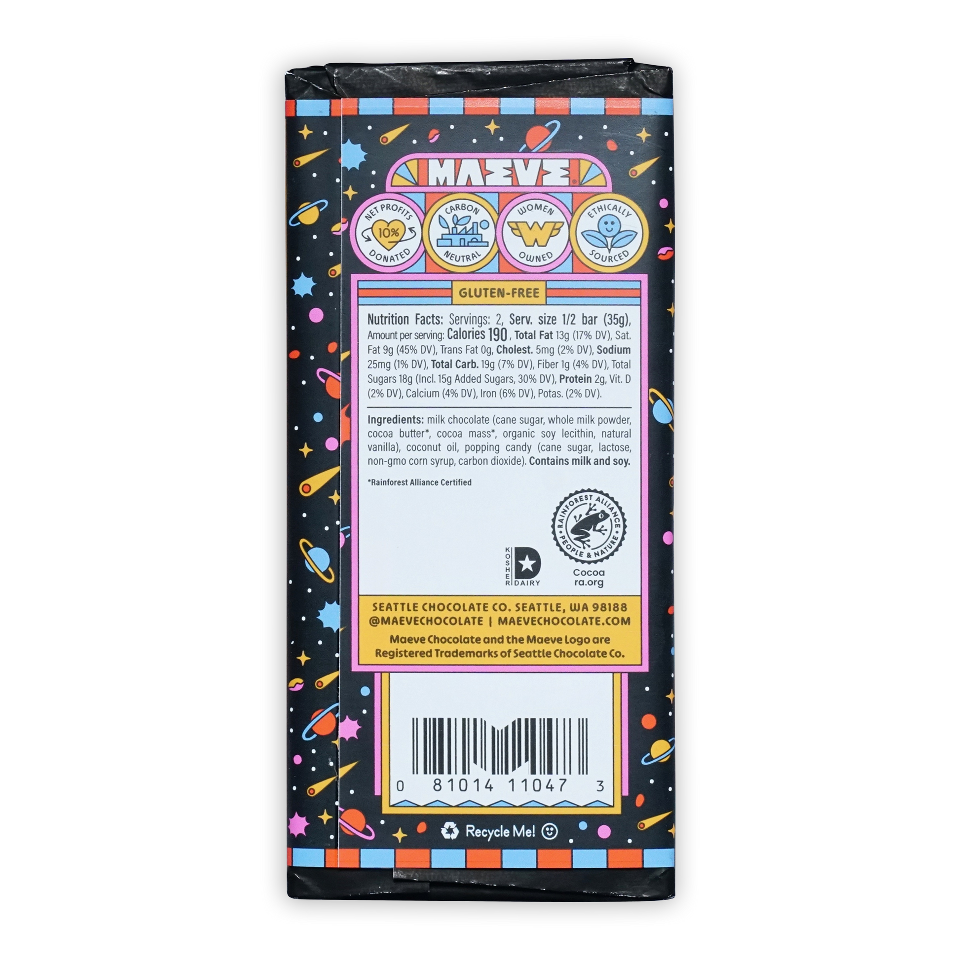 Maeve Moon Rocks Truffle Bar in space-themed wrapper with planets and stars