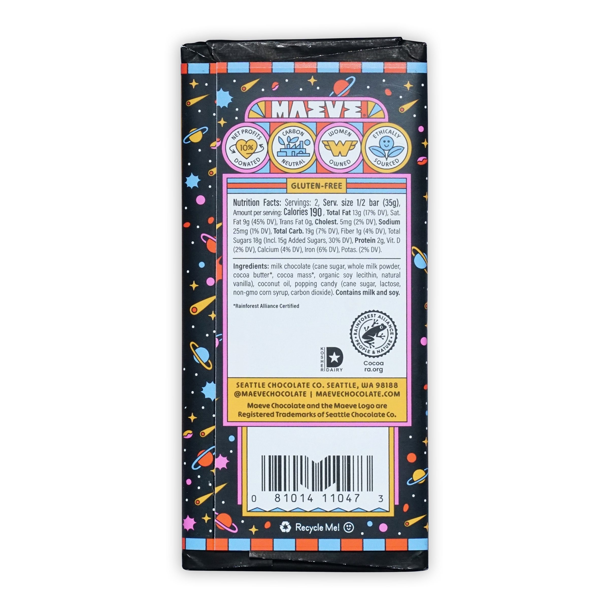 Maeve Moon Rocks Truffle Bar in space-themed wrapper with planets and stars