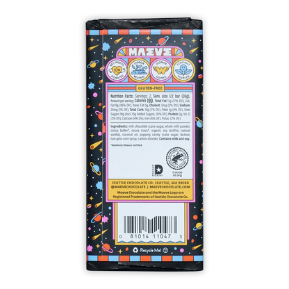 Maeve Moon Rocks Truffle Bar in space-themed wrapper with planets and stars