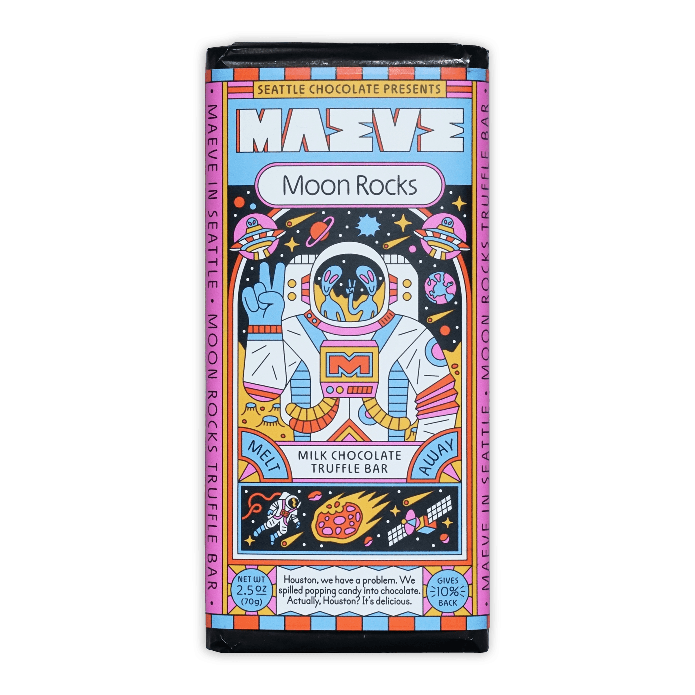 Maeve Moon Rocks milk chocolate truffle bar with cartoon astronaut design