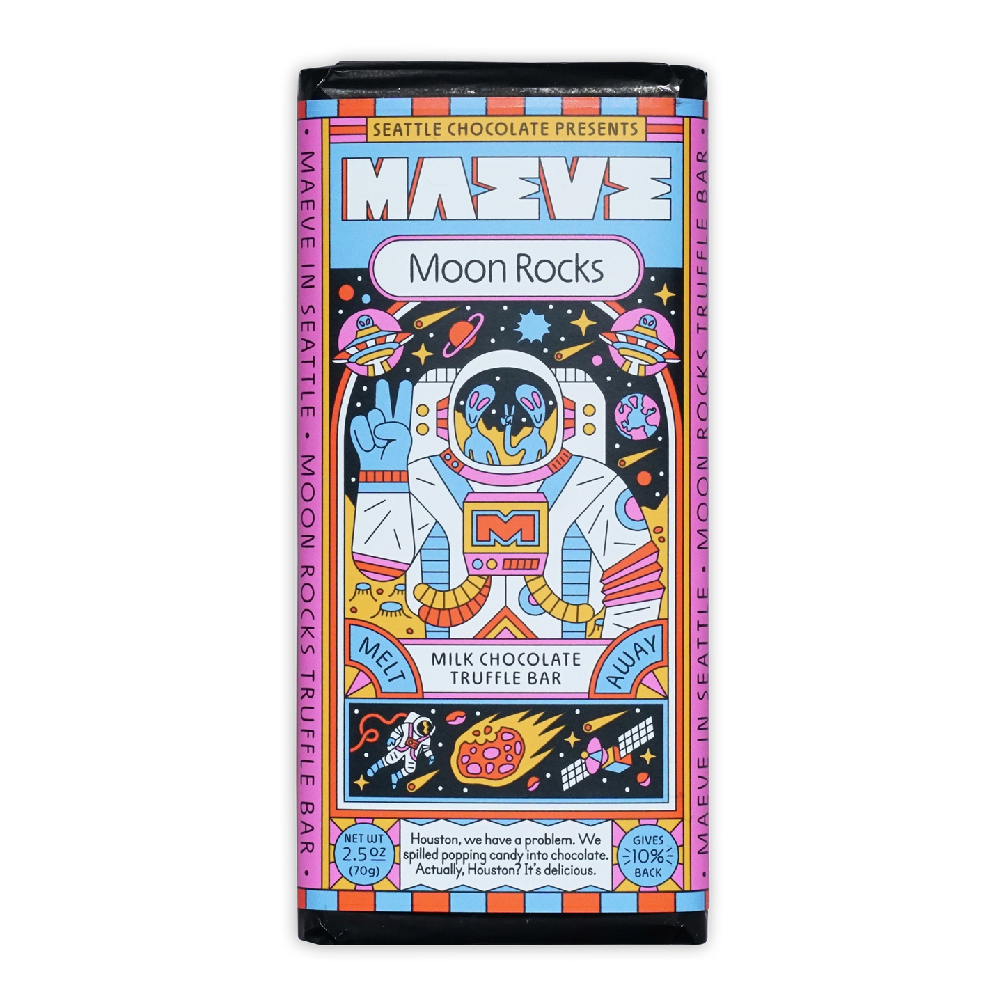 Maeve Moon Rocks milk chocolate truffle bar with cartoon astronaut design