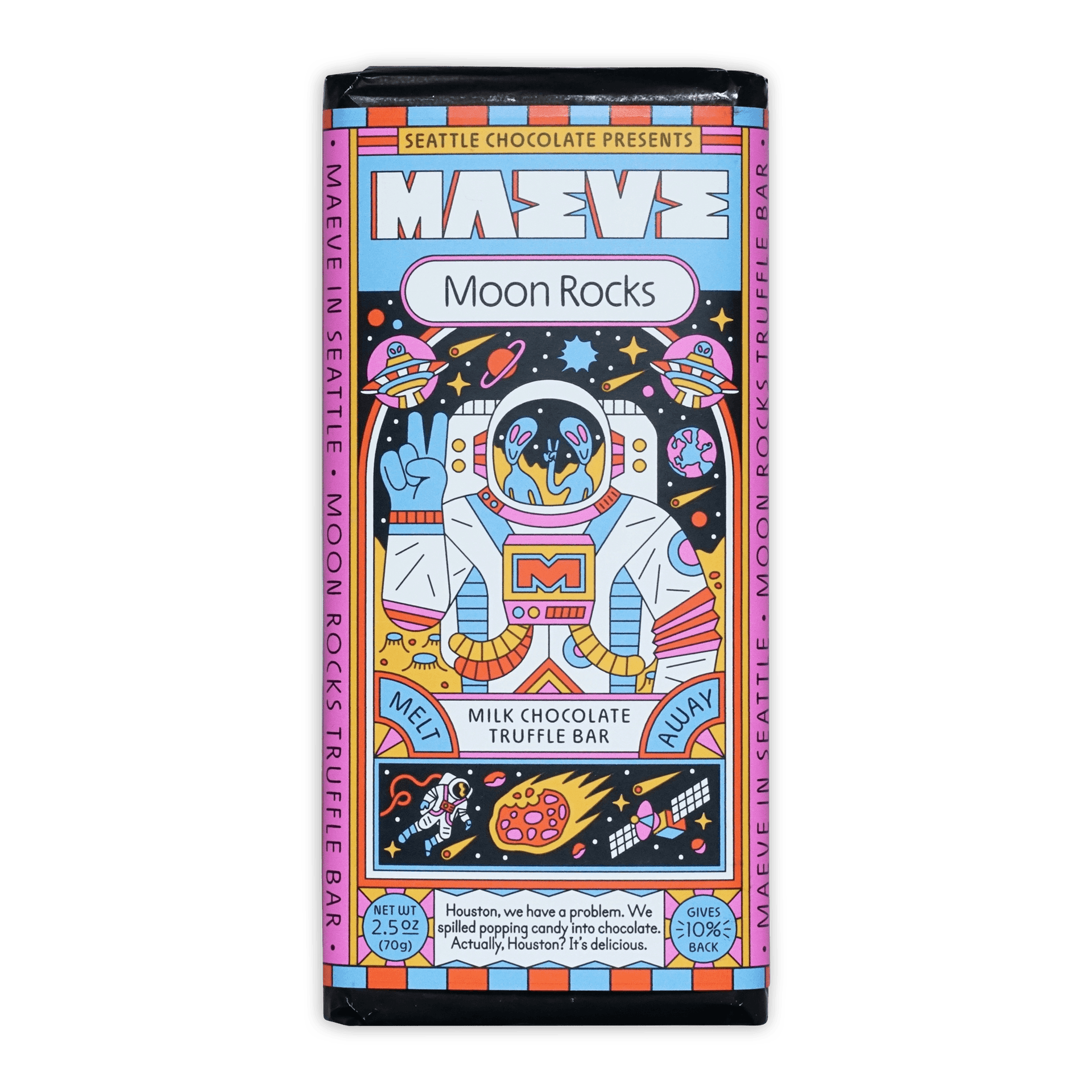 Maeve Moon Rocks milk chocolate truffle bar with cartoon astronaut design