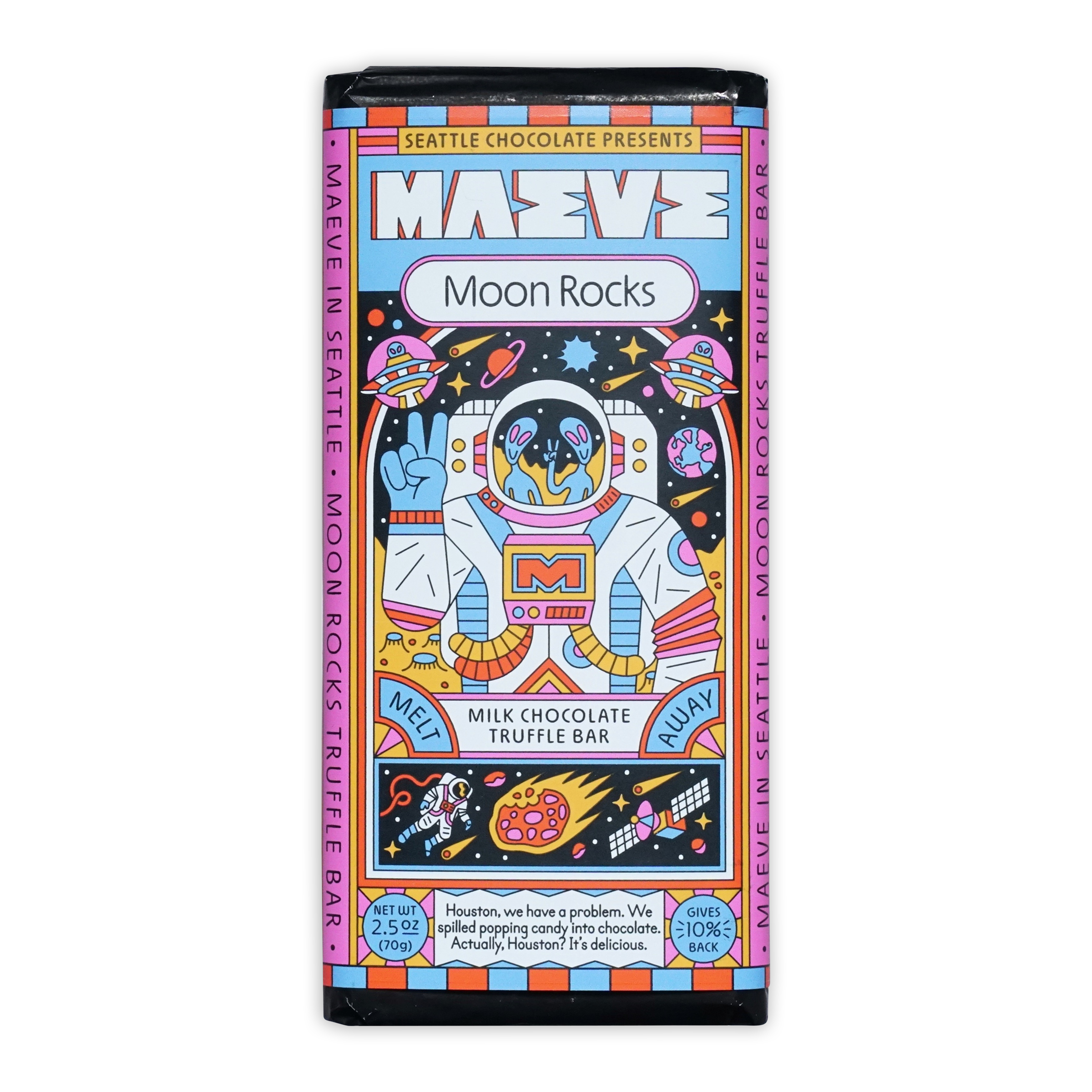 Maeve Moon Rocks milk chocolate truffle bar with cartoon astronaut design