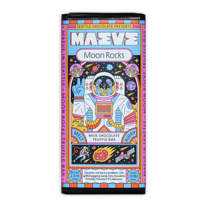 Maeve Moon Rocks milk chocolate truffle bar with cartoon astronaut design