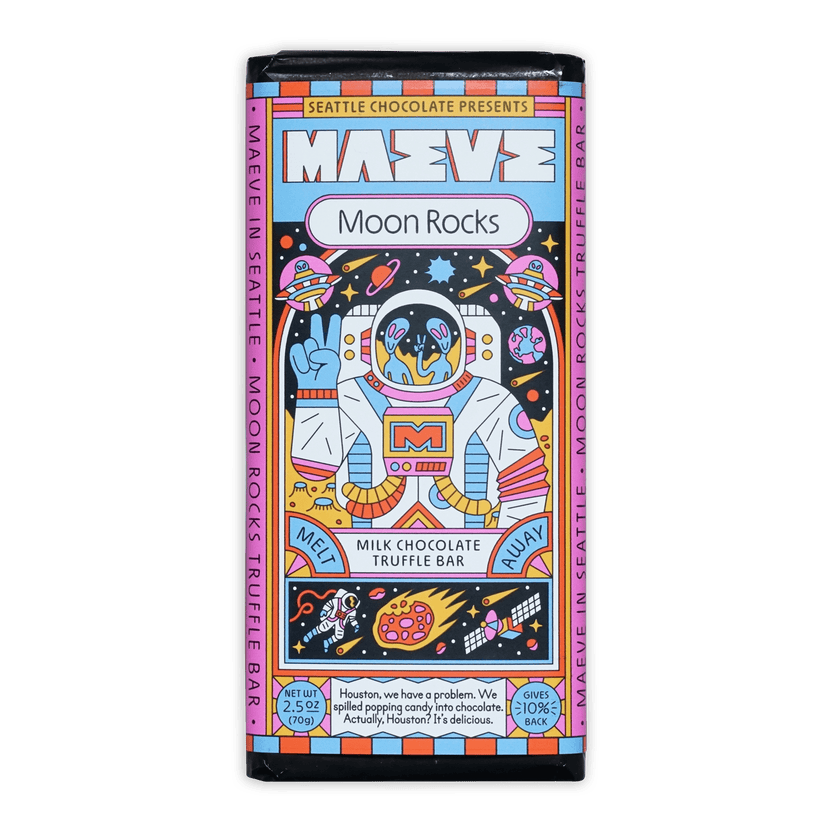 Maeve Moon Rocks milk chocolate truffle bar with cartoon astronaut design