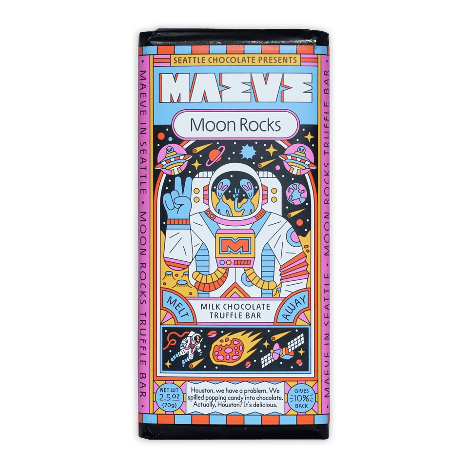 Maeve Moon Rocks milk chocolate truffle bar with cartoon astronaut design