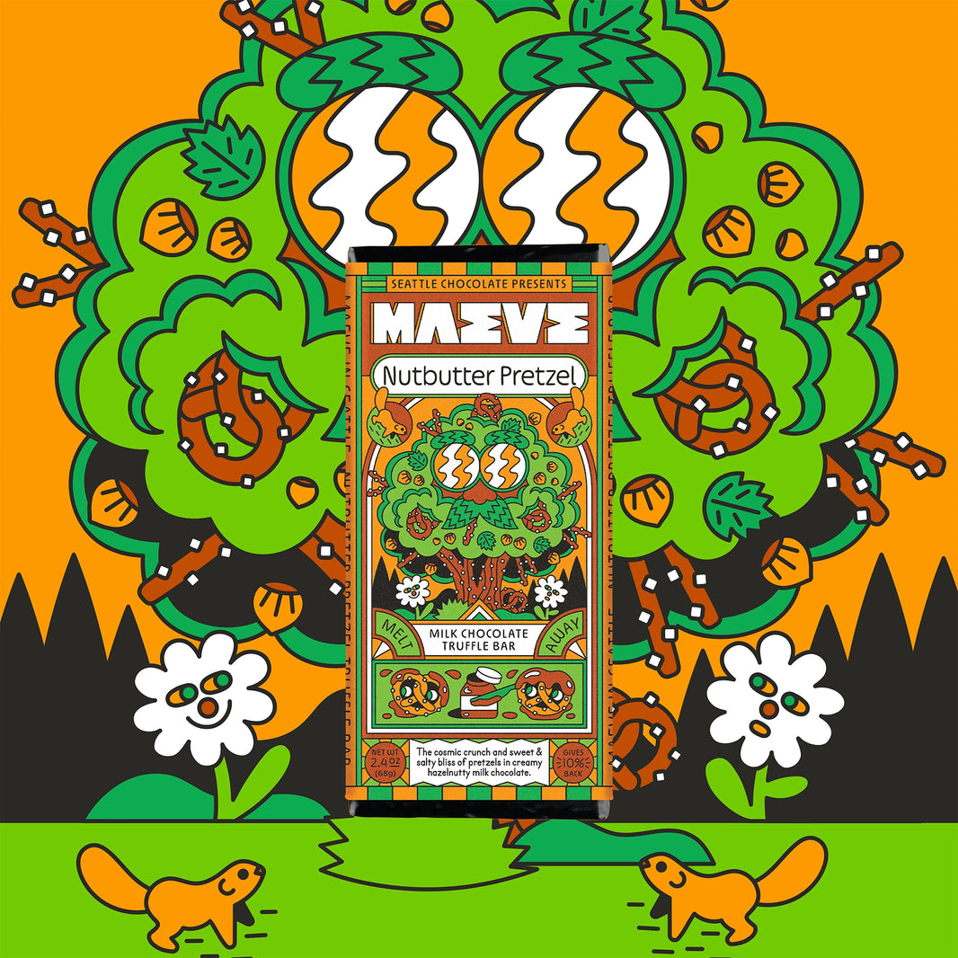 Seattle Chocolates Maeve nutbutter pretzel milk chocolate truffle bar wrapper