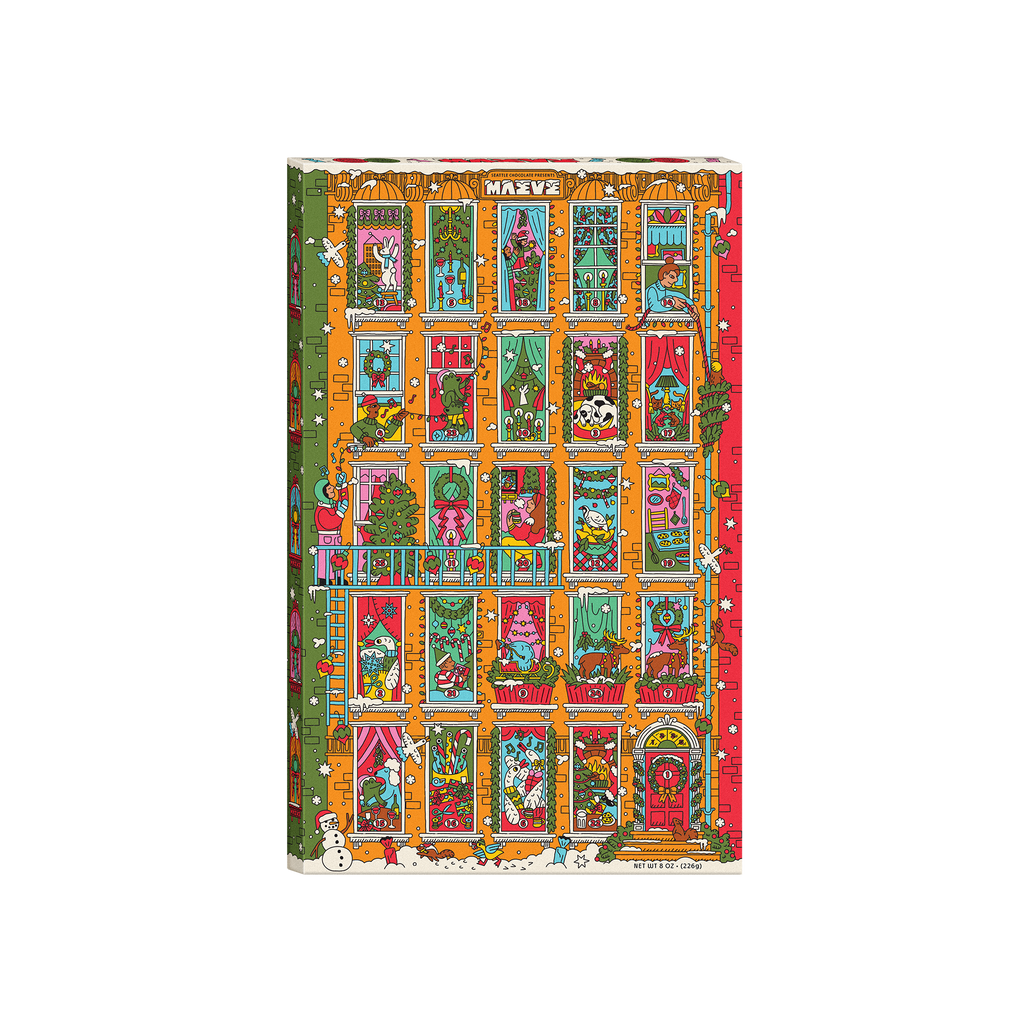 Maeve Only Chocolate in the Building advent calendar, an orange apartment building with decorated holiday windows