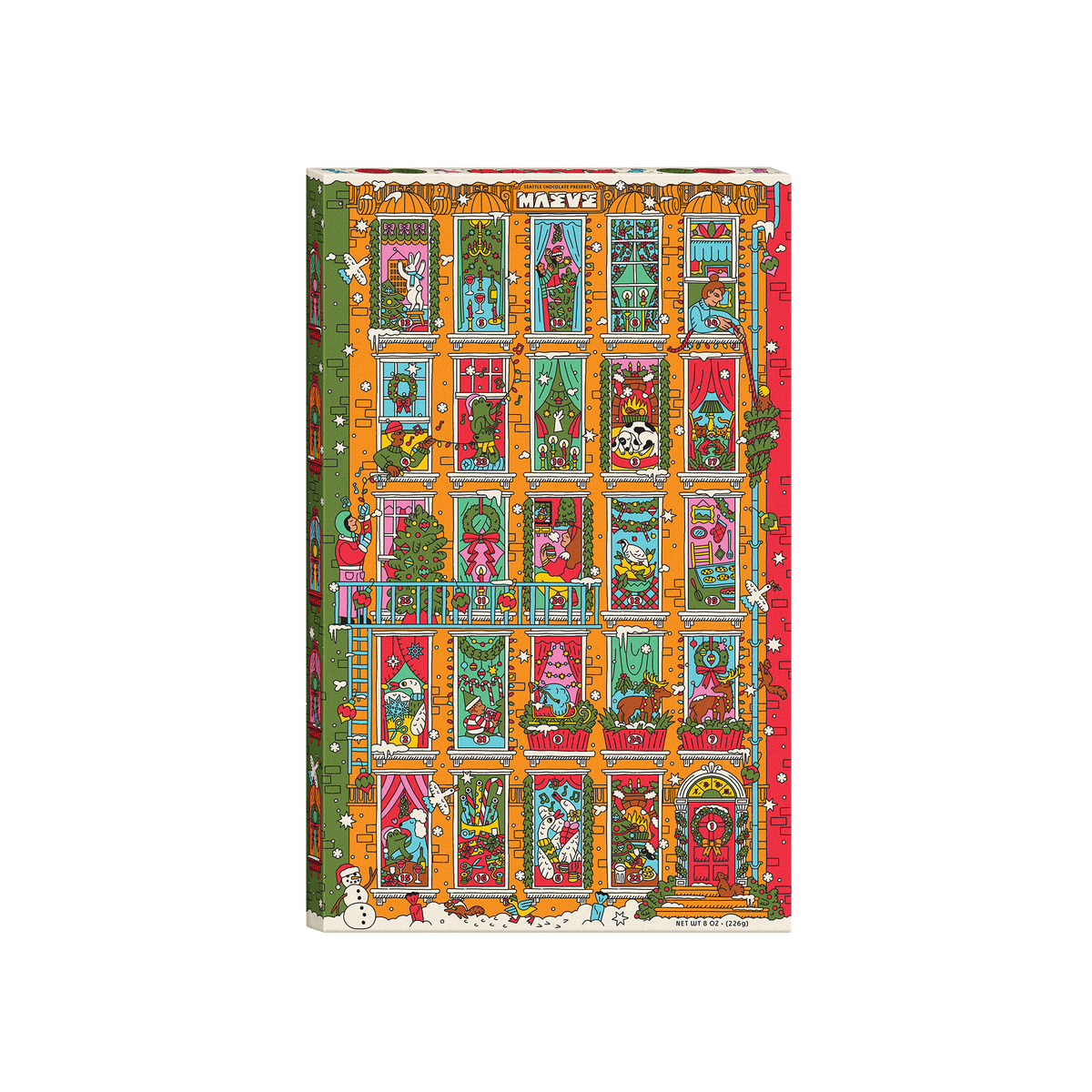 Maeve Only Chocolate in the Building advent calendar, an orange apartment building with decorated holiday windows