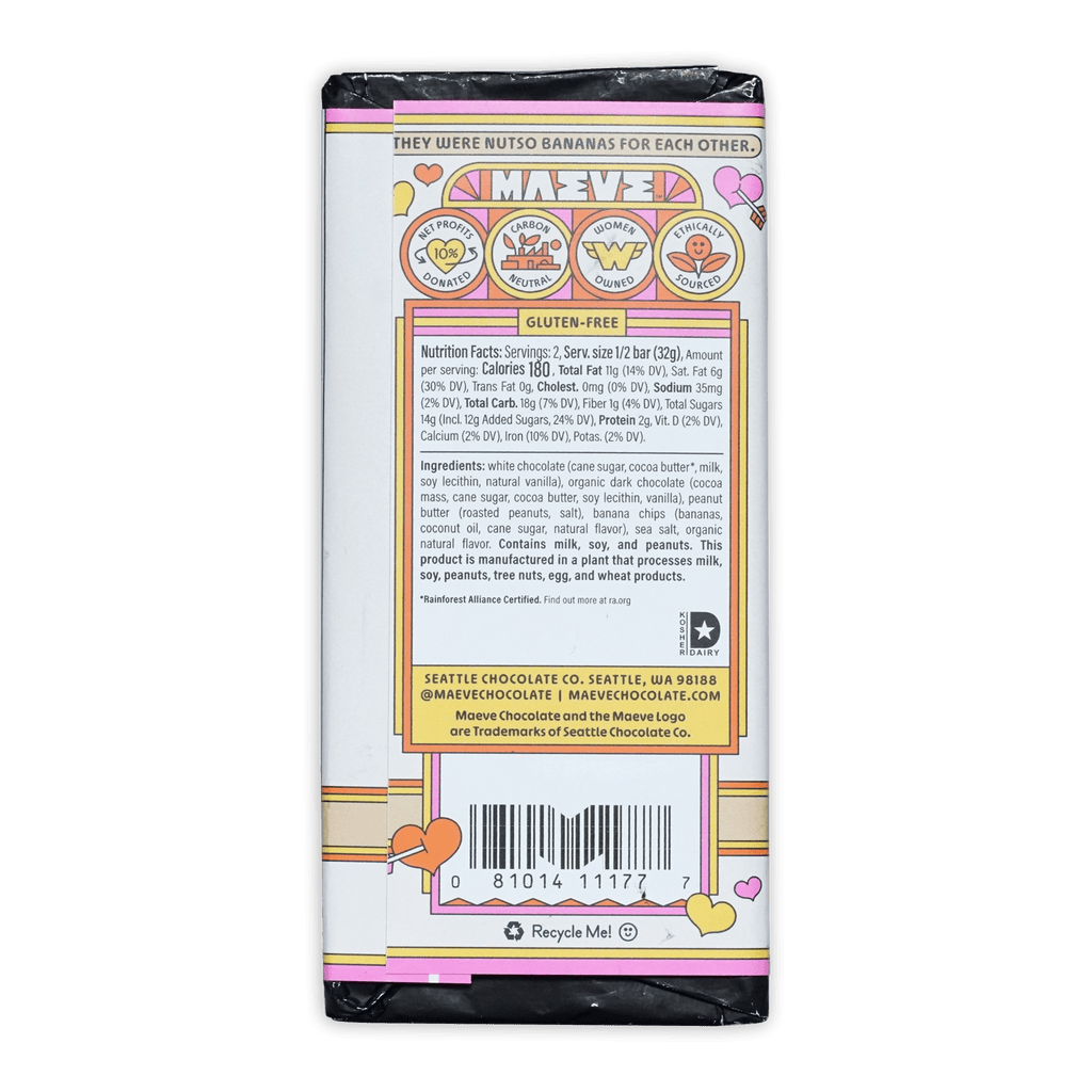 Back of Maeve Peanut Butter Banana Affair Truffle Bar with pink wrapper and playful banana flavor label