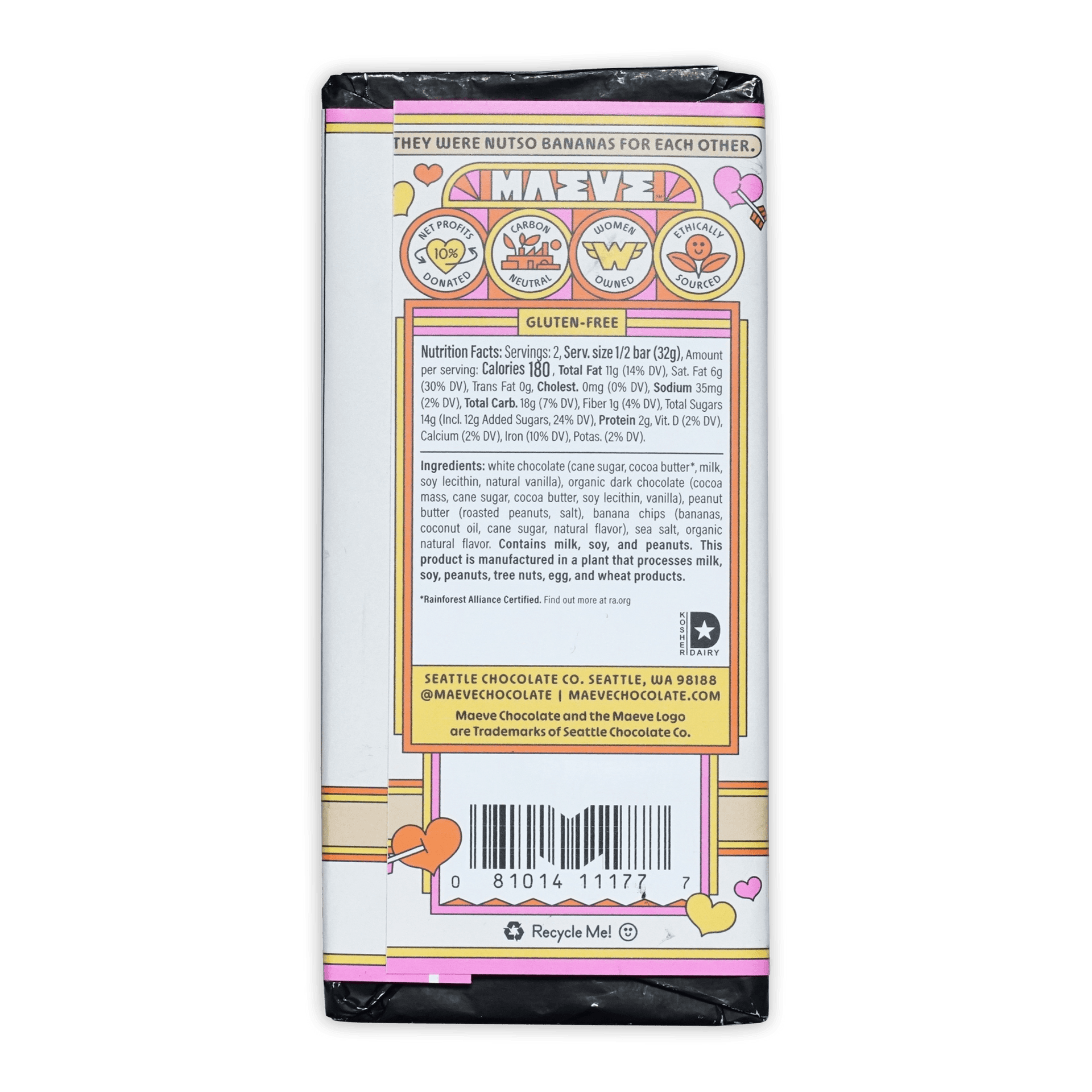 Back of Maeve Peanut Butter Banana Affair Truffle Bar with pink wrapper and playful banana flavor label