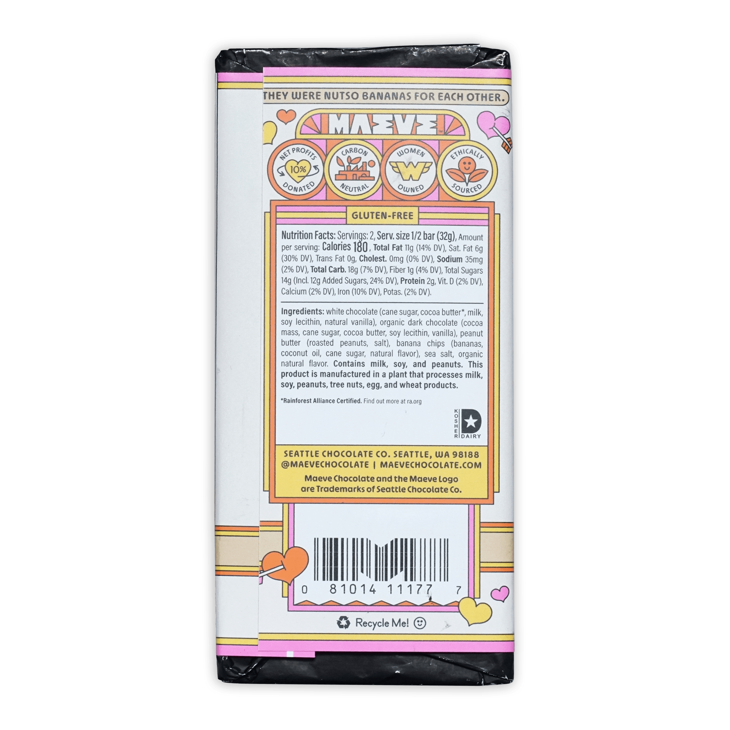 Back of Maeve Peanut Butter Banana Affair Truffle Bar with pink wrapper and playful banana flavor label