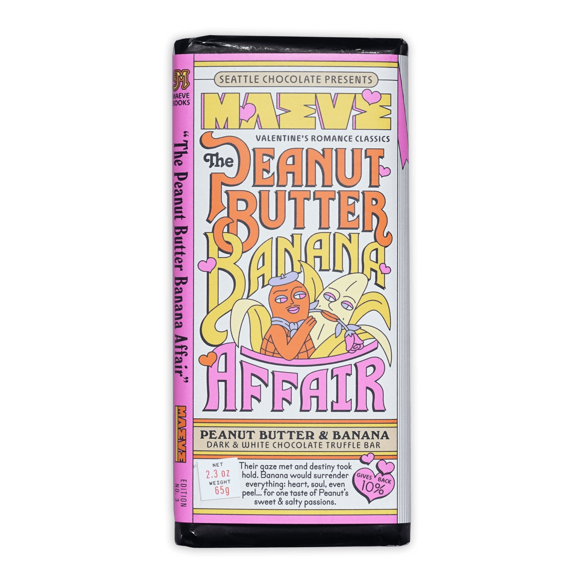 Maeve Peanut Butter Banana Affair truffle bar with pink wrapper and banana characters