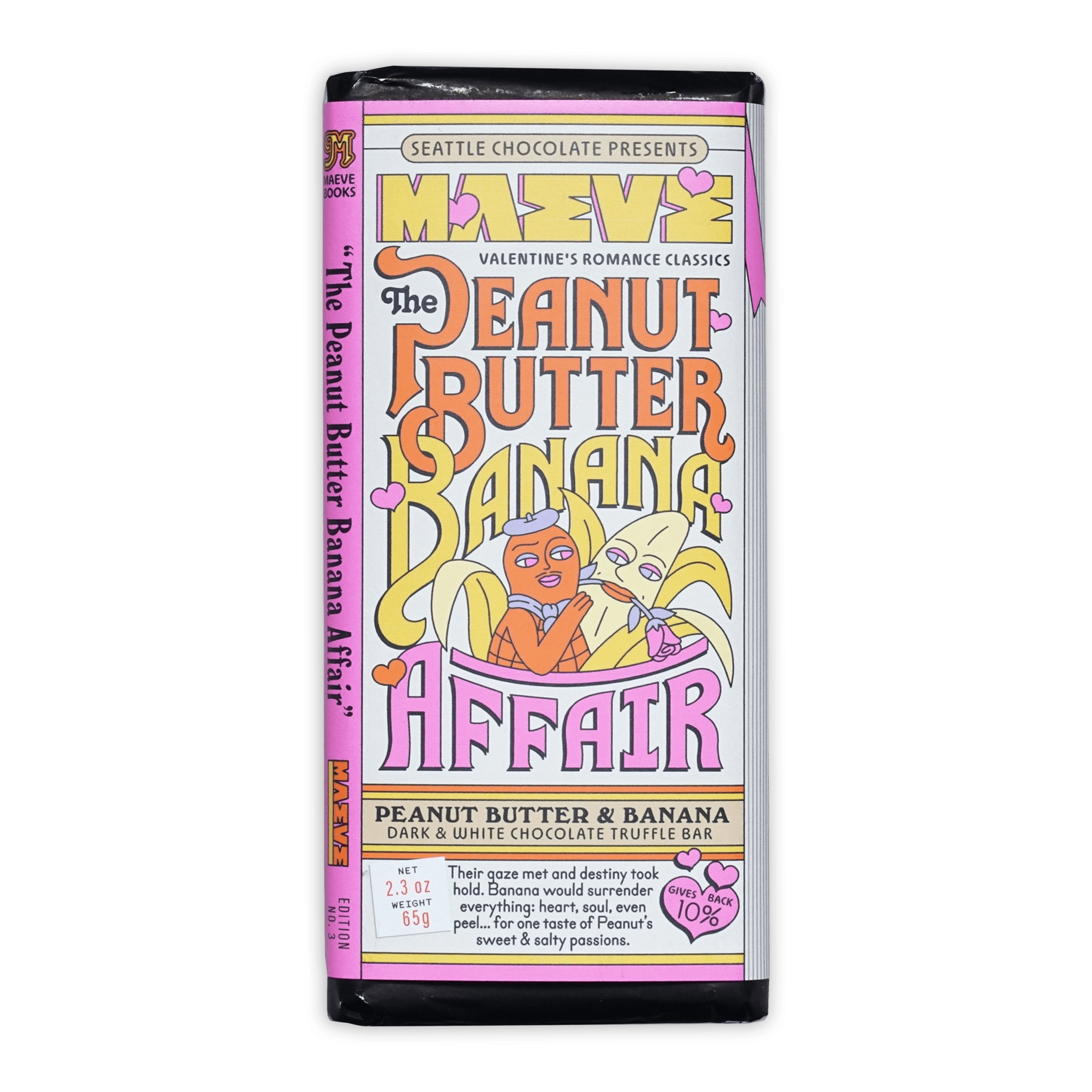Maeve Peanut Butter Banana Affair truffle bar with pink wrapper and banana characters