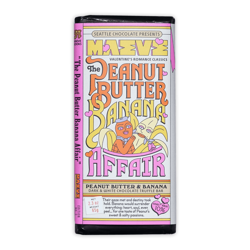 Maeve Peanut Butter Banana Affair truffle bar with pink wrapper and banana characters