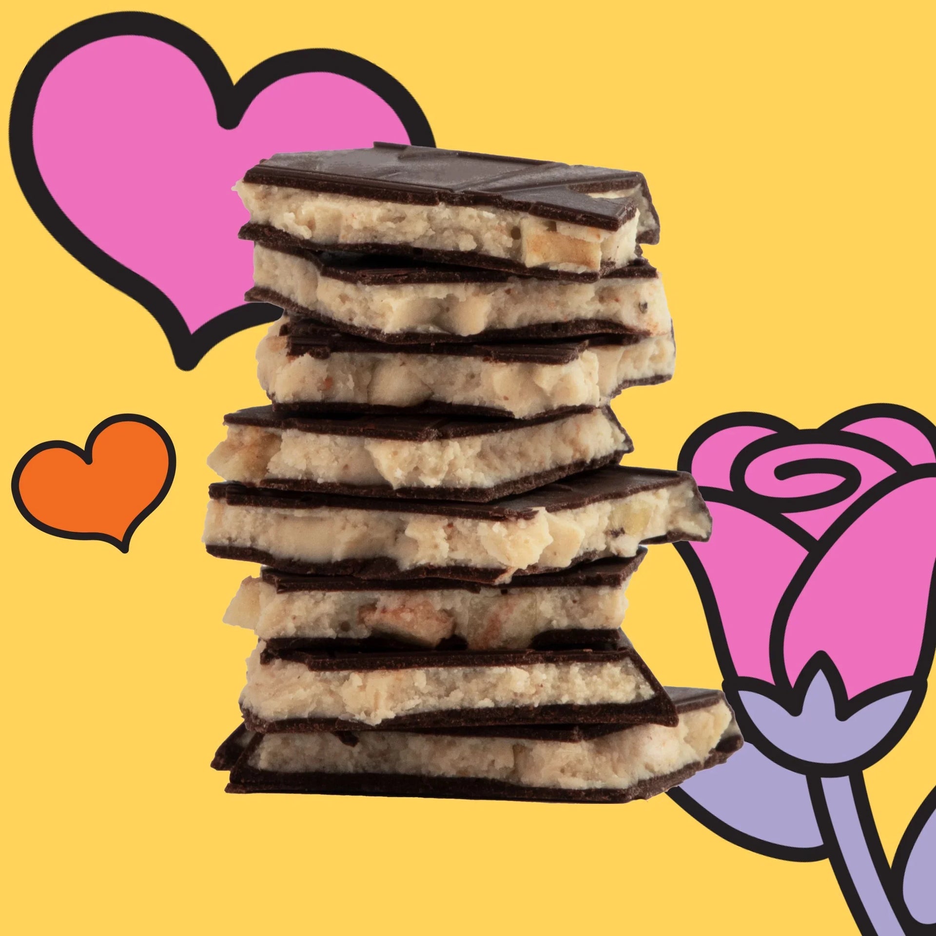 Stack of Maeve Peanut Butter Banana Affair Truffle Bars with dark chocolate-coated coconut and nuts