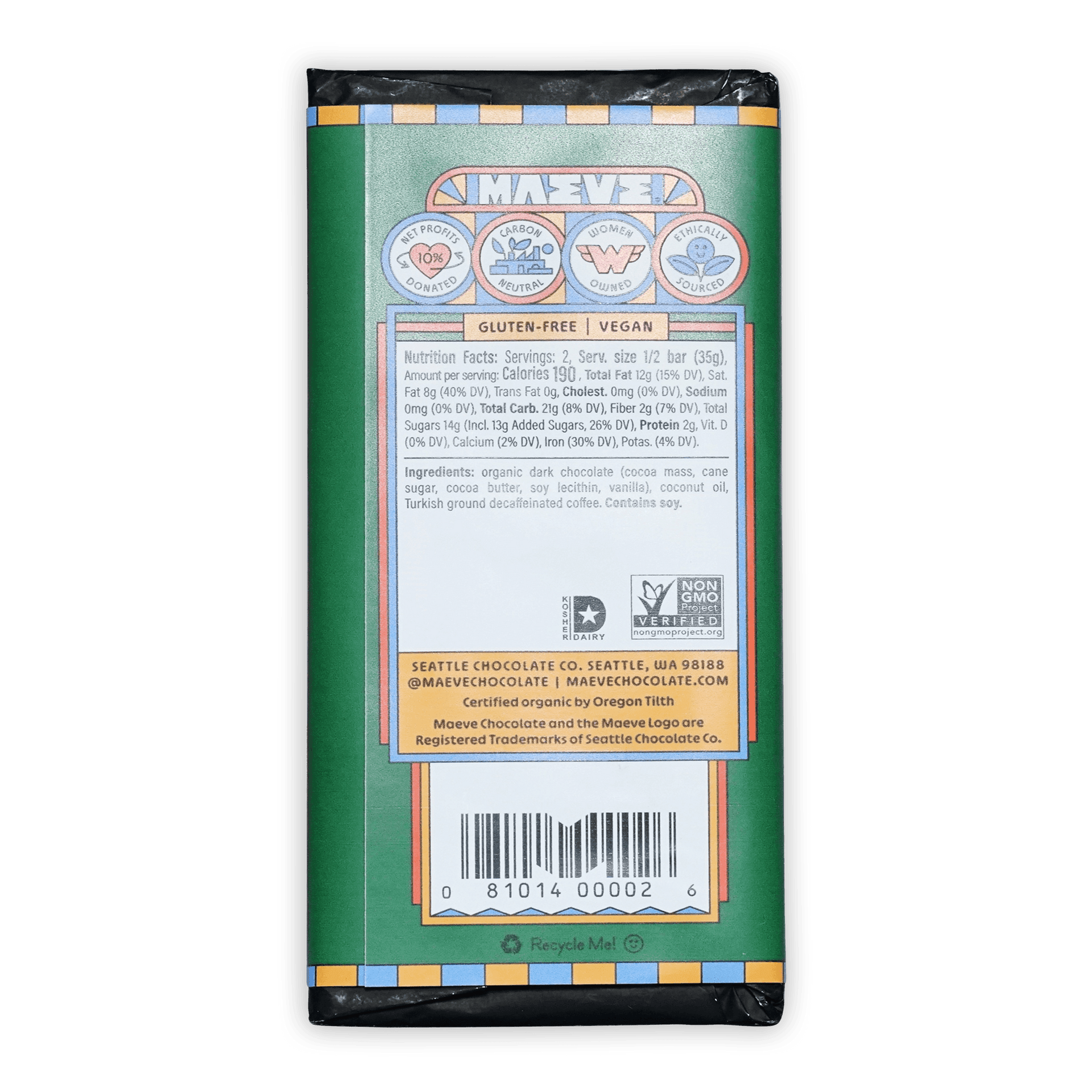 Maeve Pike Place Espresso Truffle Bar with green orange wrapper