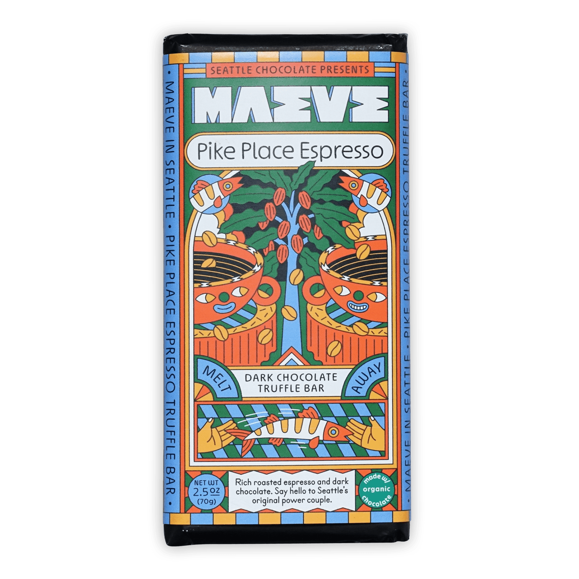 Maeve Pike Place Espresso Truffle Bar with colorful fish and coffee design