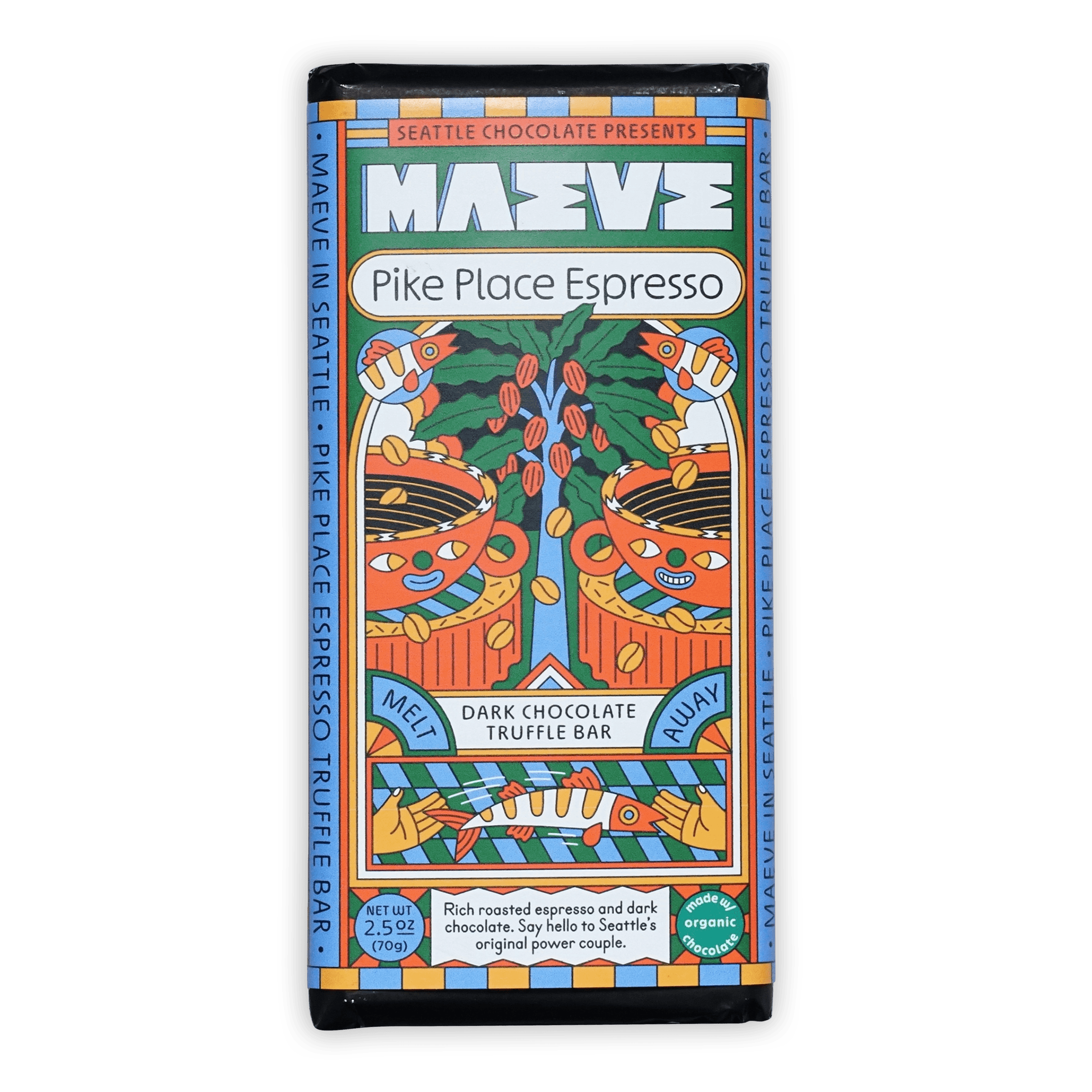 Maeve Pike Place Espresso Truffle Bar with colorful fish and coffee design