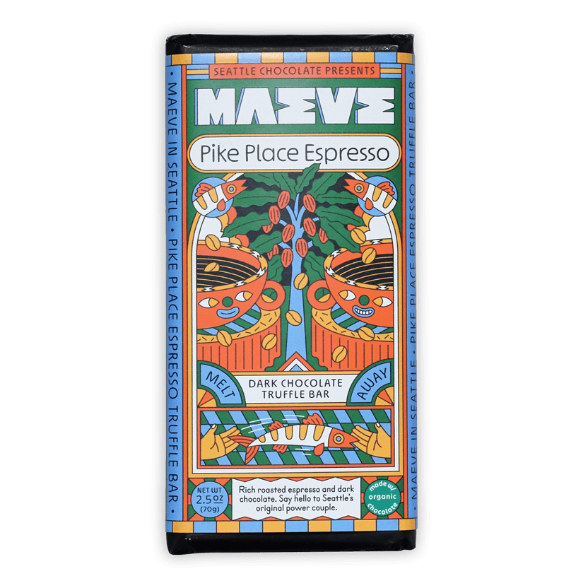 Maeve Pike Place Espresso Truffle Bar with colorful fish and coffee design