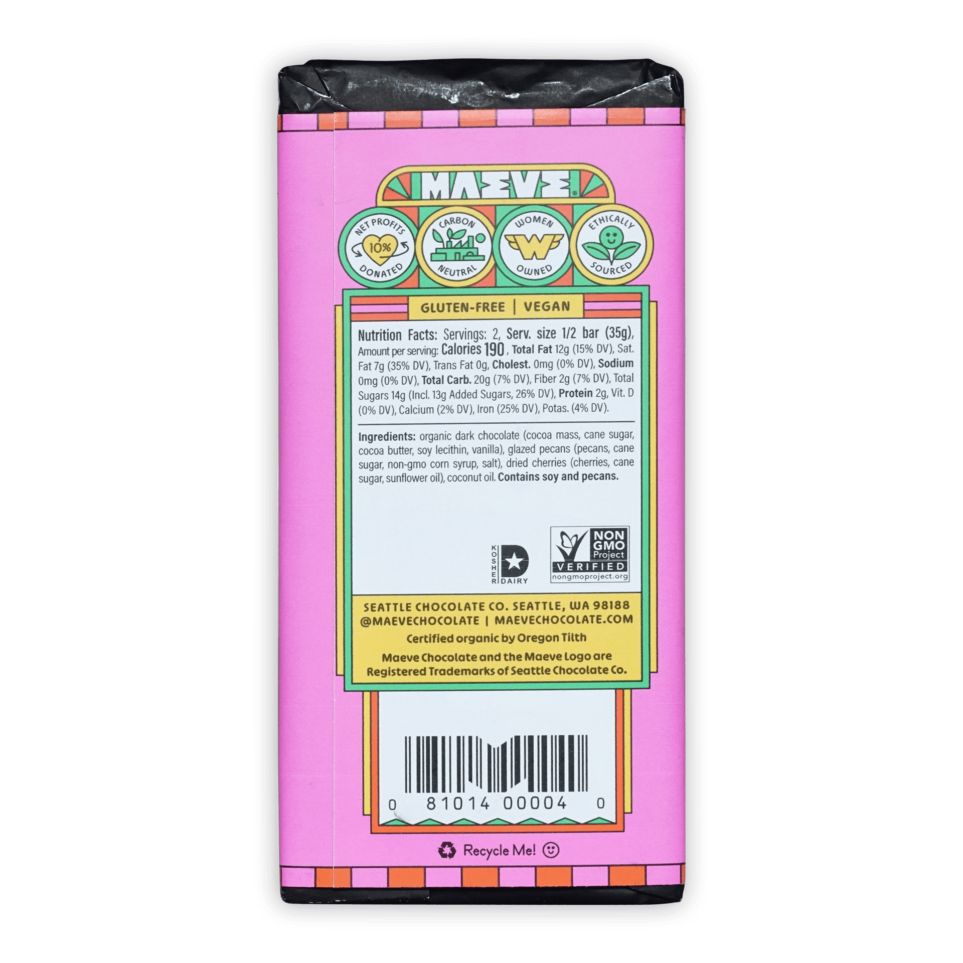 Back of Maeve Rainier Cherry Truffle Bar pink wrapper with nutrition facts