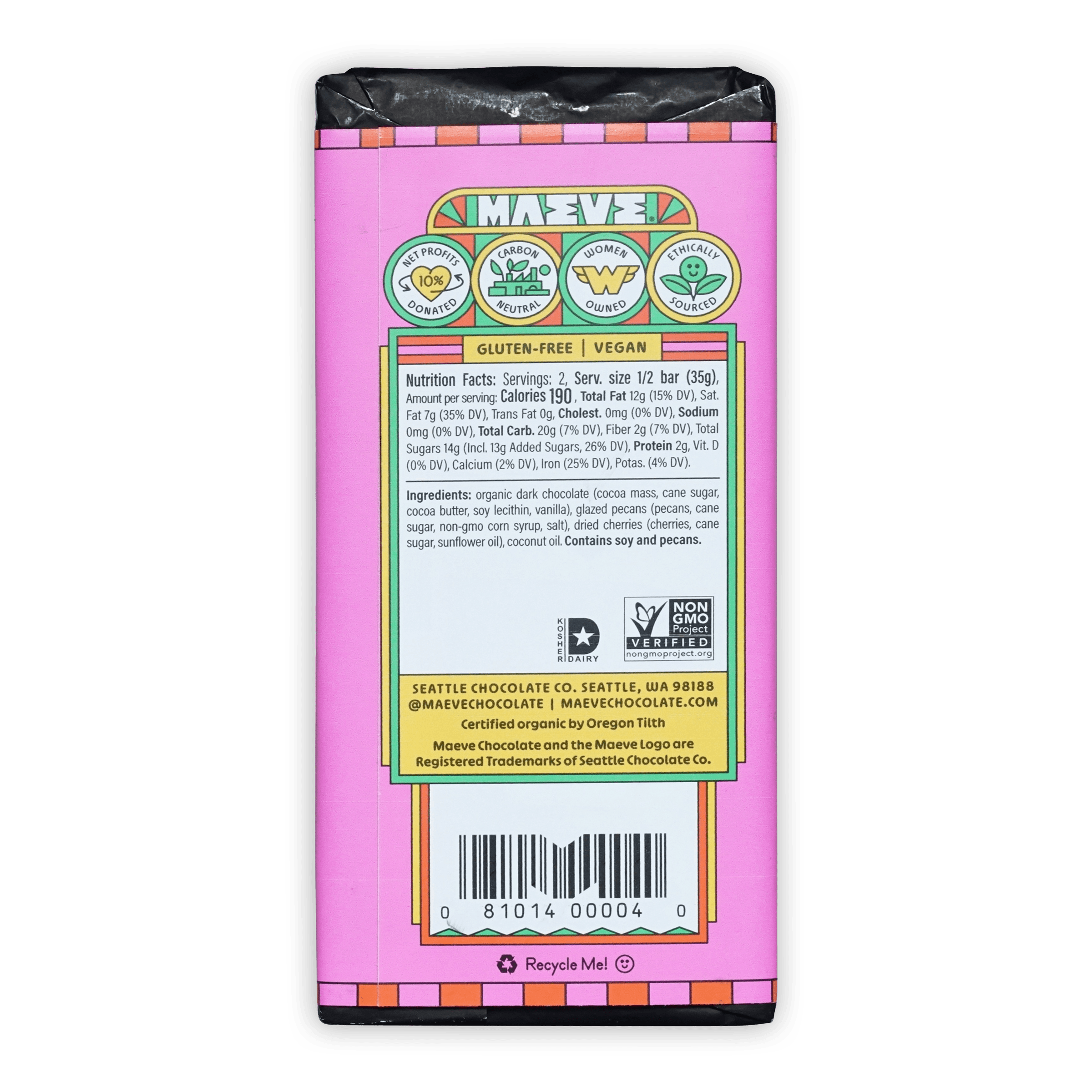 Back of Maeve Rainier Cherry Truffle Bar pink wrapper with nutrition facts