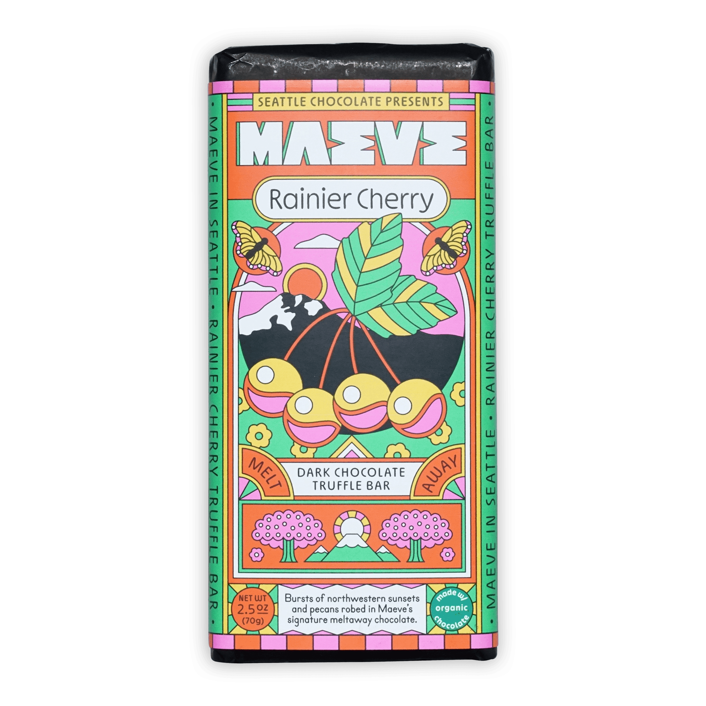 Maeve Rainier Cherry dark chocolate truffle bar wrapper