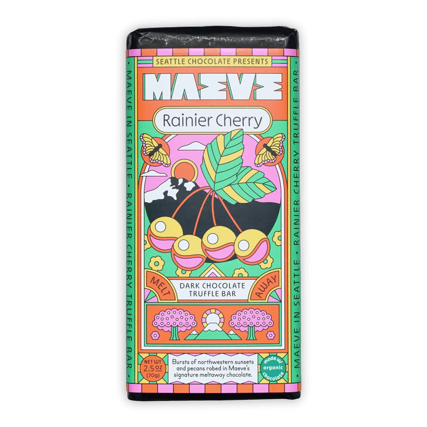 Maeve Rainier Cherry dark chocolate truffle bar wrapper