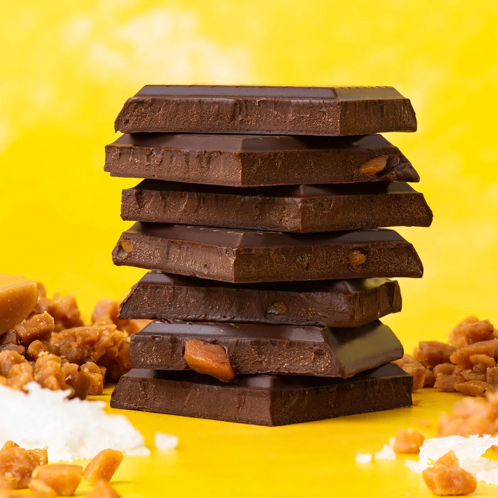 Maeve salted toffee crackle truffle bar with caramel-embedded dark chocolate stack