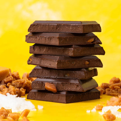 Maeve salted toffee crackle truffle bar with caramel-embedded dark chocolate stack