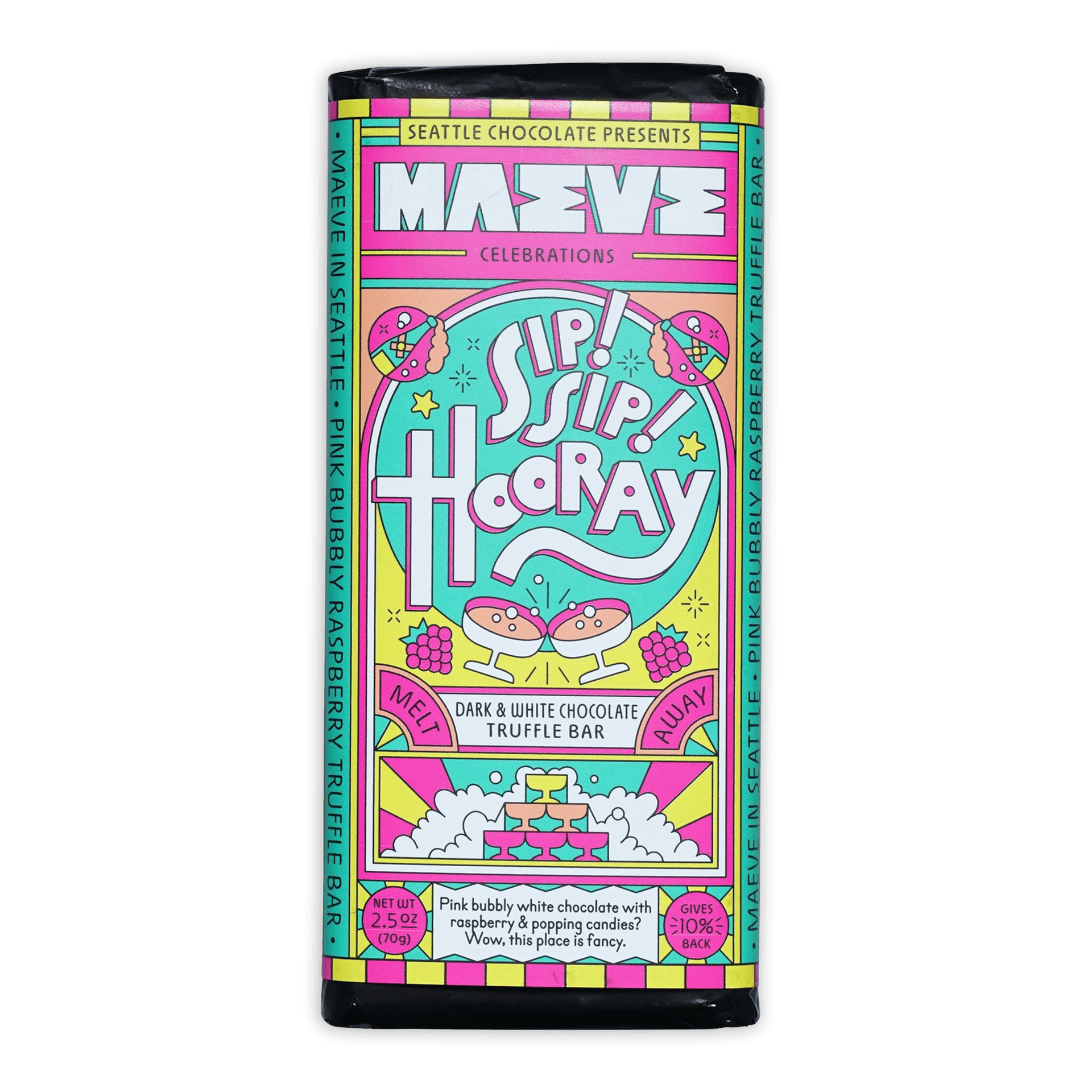 Maeve Sip Sip Hooray Truffle Bar with vibrant pink white truffle design