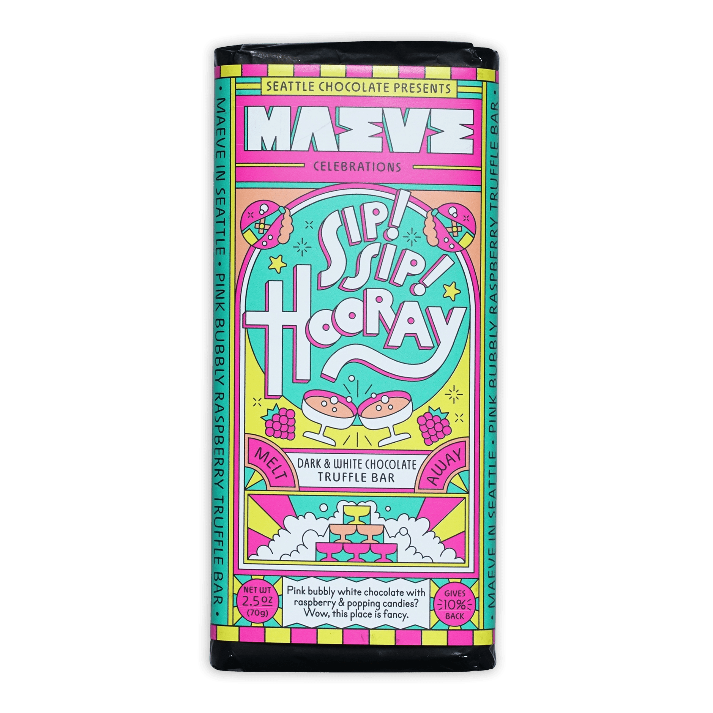 Maeve Sip Sip Hooray Truffle Bar with vibrant pink white truffle design