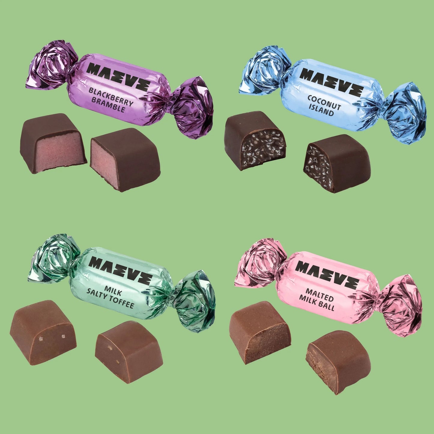 Maeve Spring Mix Bonbon Box: 4 wrapped candies in colorful foil with square-cut halves