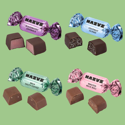 Maeve Spring Mix Bonbon Box: 4 wrapped candies in colorful foil with square-cut halves